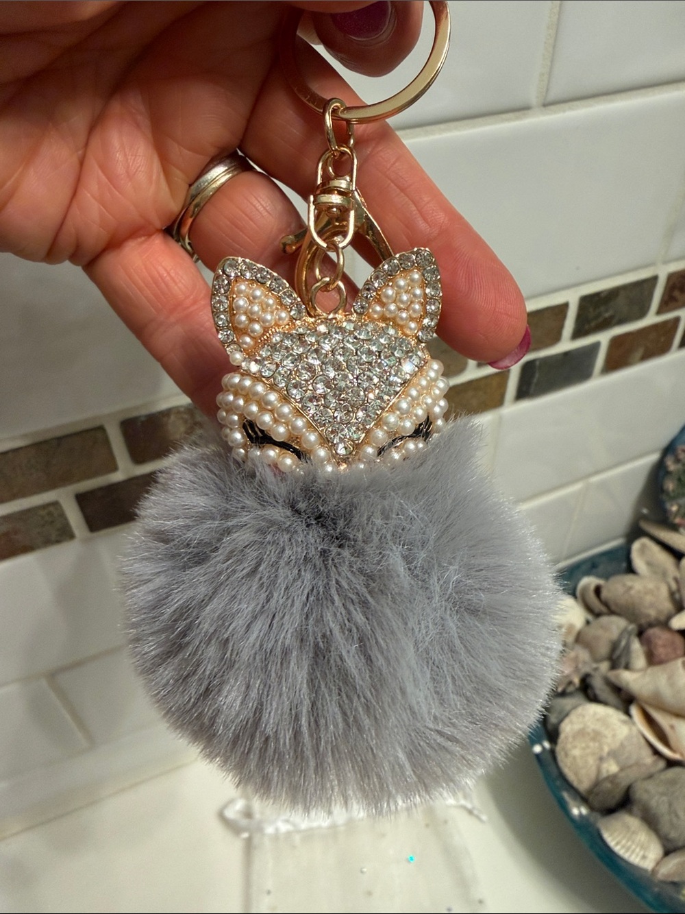 Crystal Pearl Fox Pom Keychain - Gray